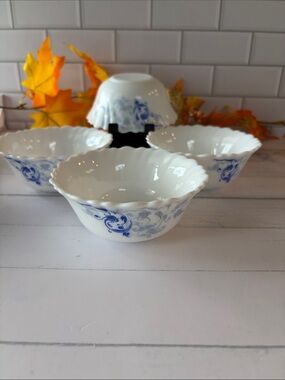 White Porcelain Scalloped Serving Bowls with Blue Floral Scroll - Set of 4